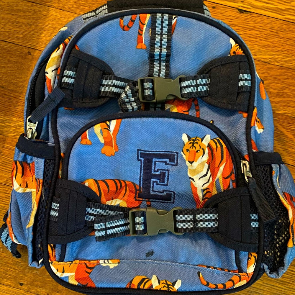 Pottery Barn mini tiger backpack (“E” monogram)